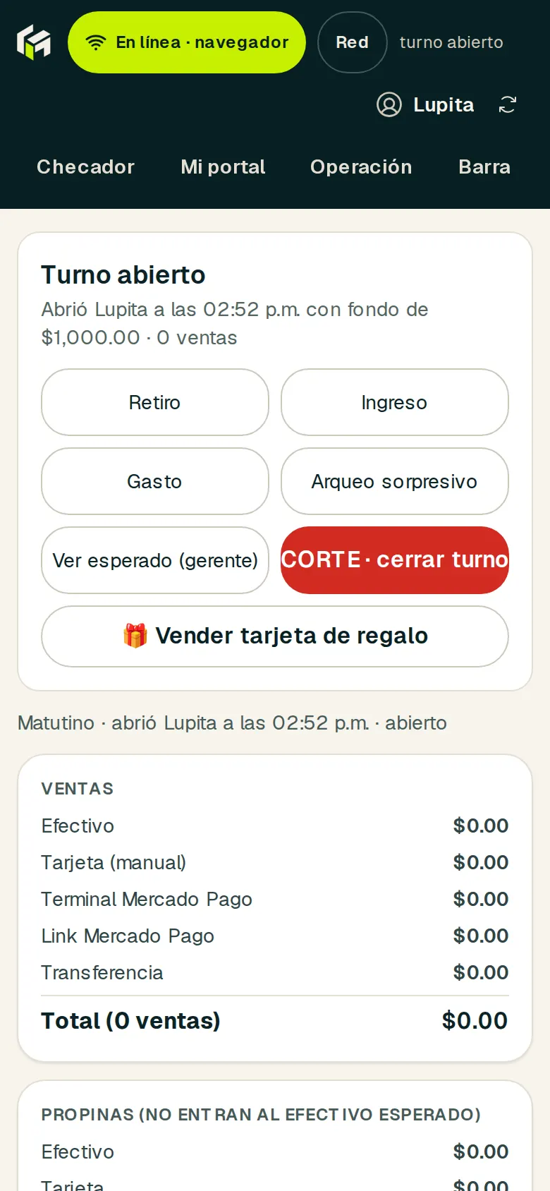 Pantalla de caja para abrir el turno con el fondo