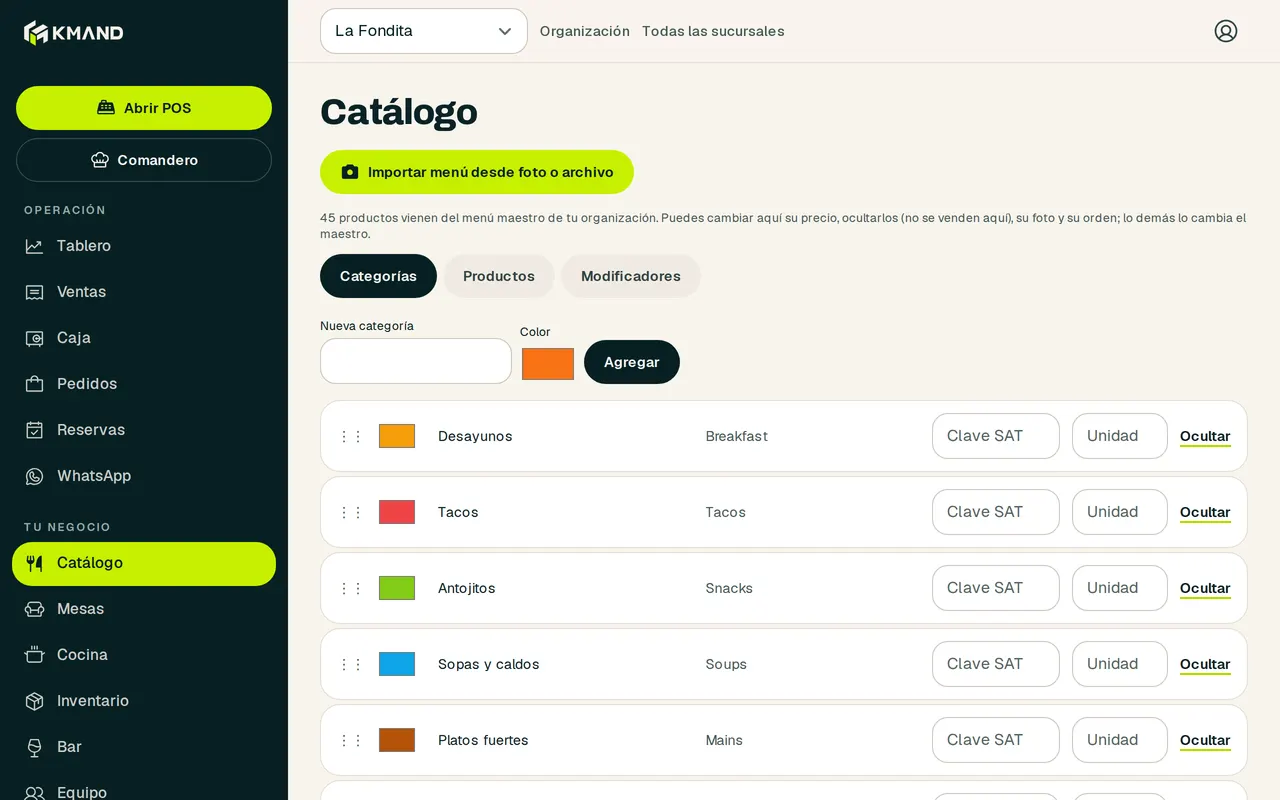 Catálogo con categorías y productos