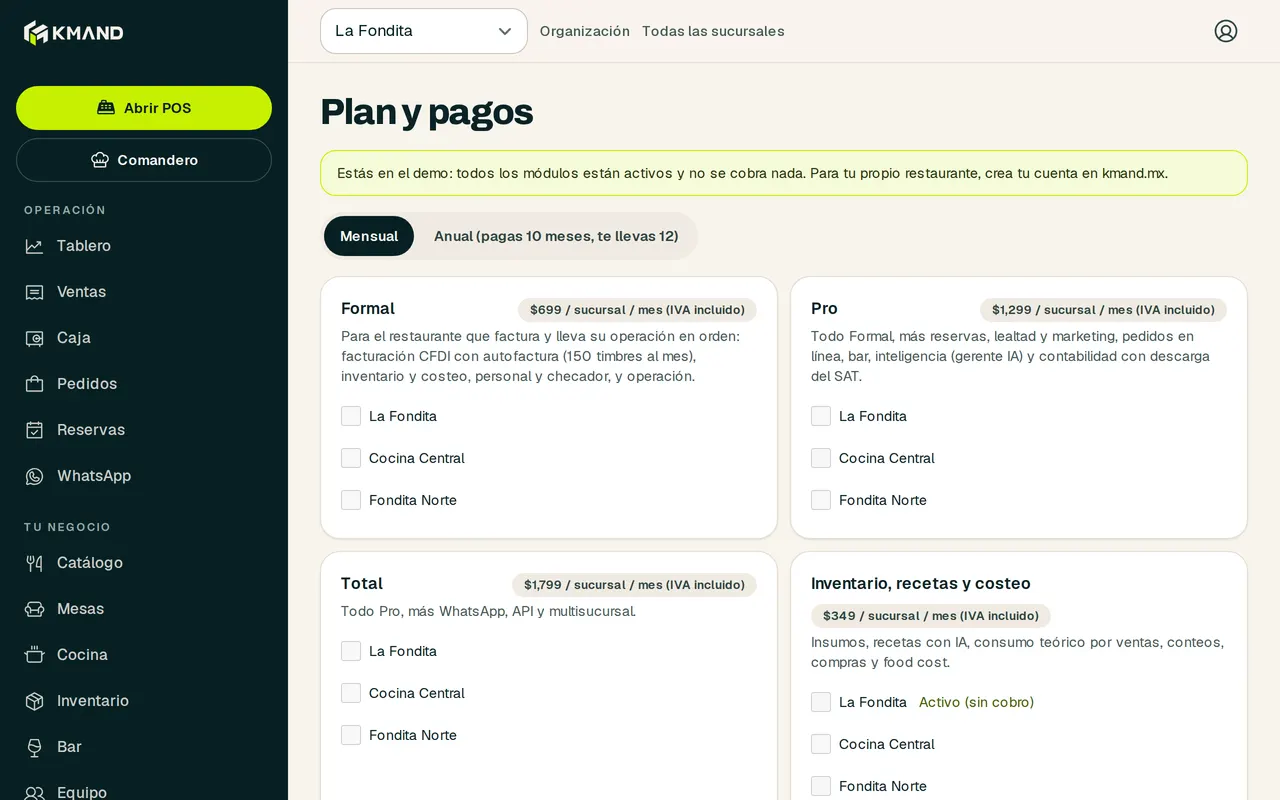 Pantalla Plan y pagos con los módulos disponibles